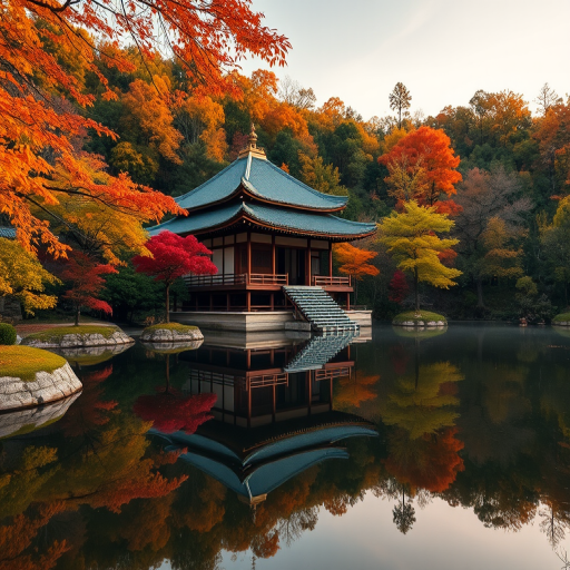 Create a serene landscape image of a traditional Japanese temple surrounded by vibrant autumn foliage reflecting in a calm pond at golden hour, captured with a Canon EOS R5, 35mm lens, f/2.8 aperture, ISO 100, 1/125 sec, with a soft focus effect to enhance the tranquil atmosphere.