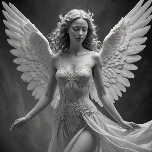 An angel, crafted in the unique style of Folk Art, as she unfolds herself against an ethereal backdrop, her wings softly billowing, face radiating a heavenly glow, every curl in her strikingly serene countenance finely brushed, monochrome, detailed techniques, ultra fine, breathtaking surreal masterpiece