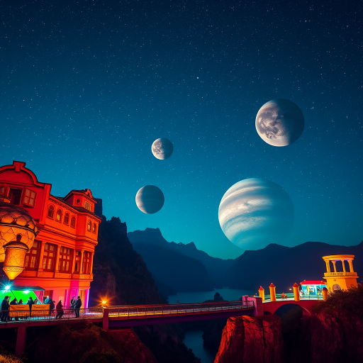 Create a vibrant cosmic landscape featuring floating planets and colorful structures with a bridge in the foreground under a starry sky, using a Canon EOS R5 with a 24mm f/1.4 lens, aperture set to f/8, ISO 200, and a long exposure of 20 seconds to capture dynamic lighting and vivid colors.