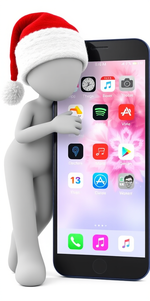Create a 3D illustration of a gray humanoid figure wearing a Santa hat leaning against a large smartphone displaying app icons, with a bright white background, using a DSLR camera with a 50mm lens at f/2.8, ISO 100, and shooting in natural light for enhanced clarity and detail.