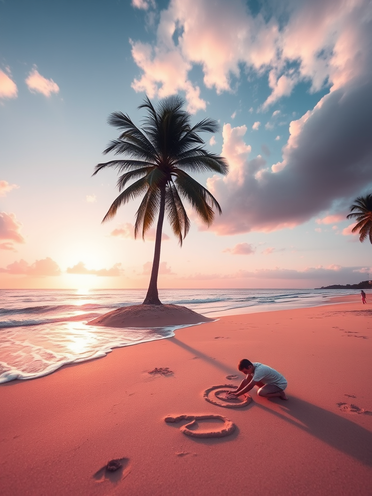Create a vibrant beach scene with a stylized sun setting on the horizon, a single palm tree on a sandy island, gentle waves lapping at the shore, a person drawing in the sand, captured with a DSLR camera, aperture f/11, shutter speed 1/200s, ISO 100, wide-angle lens, focused on the foreground with a soft background blur.
