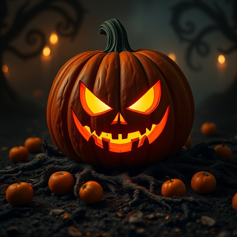 Create an image of a spooky Halloween pumpkin with a sinister grin illuminated from within sitting on a dark, muddy ground surrounded by twisted roots and small oranges scattered around, with a misty, eerie atmosphere and dim candlelight in the background.