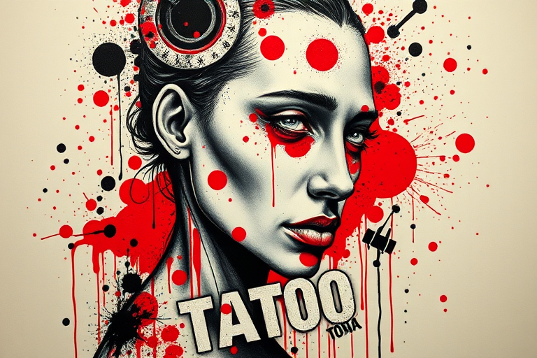 Striking trash polka tattoo combining realistic portraits with abstract elements, utilizing bold red and black ink splatters, typography, and geometric shapes for a chaotic yet harmonious composition