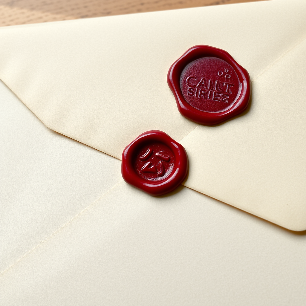 Create a high-resolution image of a classic sealed envelope with a red wax seal, using a Canon EOS R5, 50mm lens, f/2.8 aperture, ISO 100, natural soft lighting, and a slight overhead angle for depth.