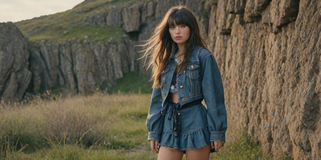 hair light,Canon EF,High quality lots of details Magic Realism,elusive Land of Shadows,long shot,dressed in a playful ruffled mini dress with a denim jacket and ankle boots,streaked hair,Long hair with bangs,a warrior woman
