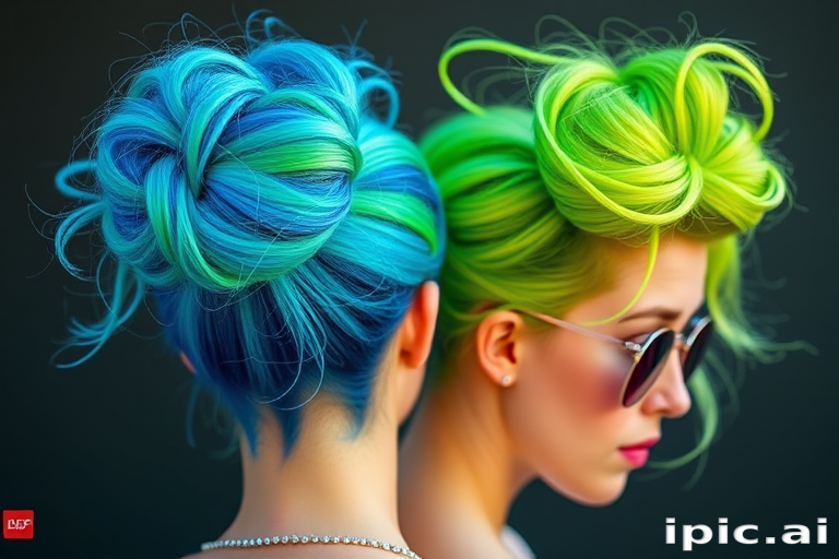 Playful space buns with neon green and electric blue two-tone color, featuring shimmering glitter roots and face-framing tendrils, perfect for festival season