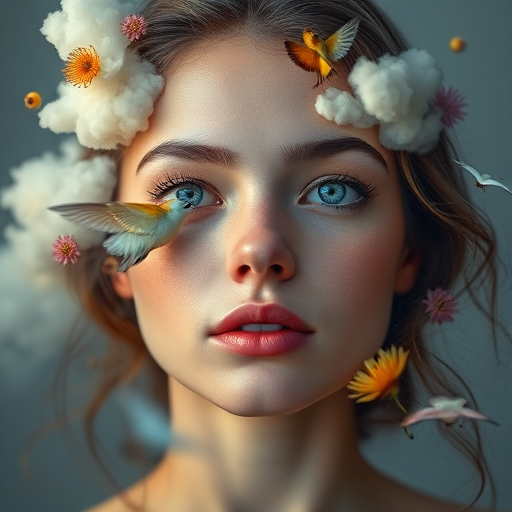 Create an ethereal portrait of a woman with surreal elements like clouds, flowers, and birds in her eyes, using a Canon EOS R5, aperture f/2.8, shutter speed 1/125s, ISO 100, wide-angle lens, soft focus style, and high dynamic range to enhance colors and details.