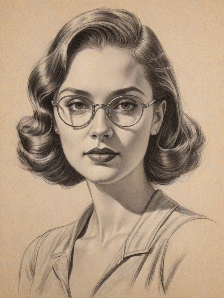 Graceful Madelyn Cline, pencil sketch, portrait of Gorgeous woman 1930s in glasses, hair style beatnik, outline, clear lines, fine lines, 8k