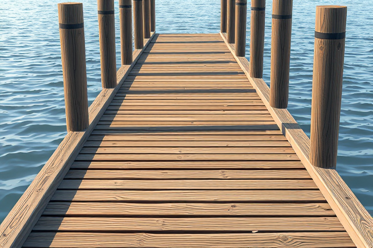 Generate a high-resolution illustration of a wooden dock with planks and supporting poles, using a 35mm lens, f/8 aperture, 1/125s shutter speed, shot from a slightly elevated angle to provide depth and clarity, in a realistic digital art style.
