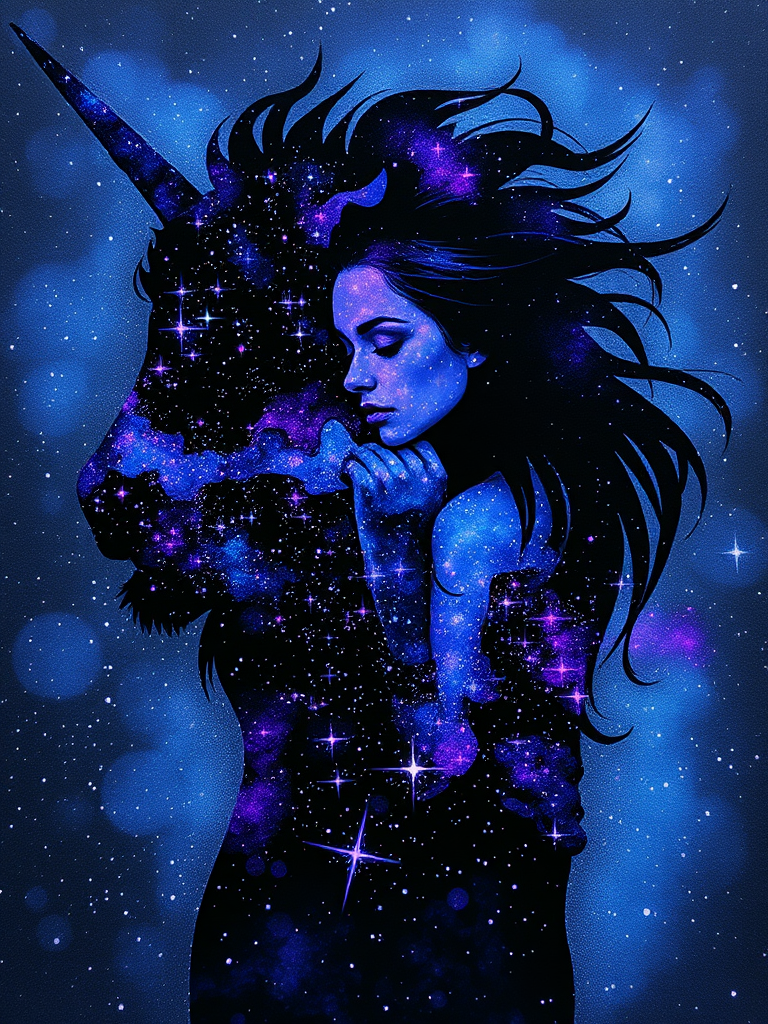 Captivating conceptual render alcohol ink art, double exposure, the paint strokes artfully merge combining a woman's full silhouette with a Unique unicorn's silhouette. The figures are composed of a series of colored dots, lines & spots that evoke the image of a cosmic galaxy, colors are deep shades of blue purple & black with flashes of white & silver representing distant stars. The woman's silhouette is formed within the lion's silhouette from constellations of scattered stars, surreal