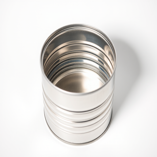 Generate a high-resolution image of an open tin can with a shiny metallic finish, shot in a studio setting with a 50mm lens at f/8, ISO 100, and 1/200 sec shutter speed, using softbox lighting to create even illumination and bring out the texture details.