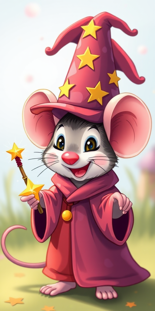 Create a whimsical illustration of a cheerful mouse wearing a wizard hat and robe, holding a magic wand with a sparkling star, with vibrant colors and playful expressions, shot with a Canon EOS R5 at f/8, 50mm lens, in natural light, with a shallow depth of field to enhance focus on the mouse.
