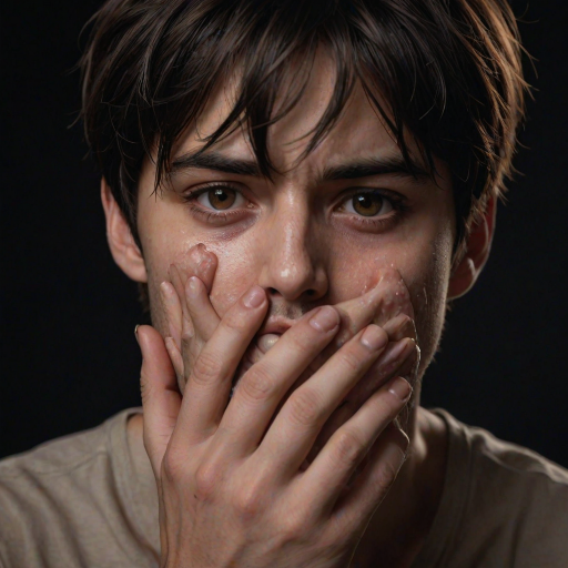 detailed edges, detailed image, perfection style, A cinematic detailed image of a surprised man covering his mouth with his hand in fear, movie themed, sharp, detailed background, epic cinematic photography, artistic style, dramatic light style, cinematic color style, Kodak 35mm film style, detailed style, hand focus style, 1girl, looking at viewer, black hair, 1boy, brown eyes, male focus, solo focus, blurry, black eyes, lips, fingernails, pov, black background, close-up, veins, realistic, pov hands, dark, hand on another's face, solo, simple background, tears, portrait, short hair, eye focus, eren yeager