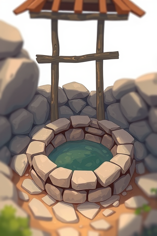 Create an enhanced digital illustration of a stone well surrounded by rocks, with a wooden structure above, using a DSLR camera with a 50mm lens, aperture f/1.8, ISO 100, natural lighting, and a shallow depth of field for a clearer focus on the well.
