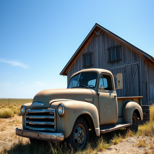 regenerate an image of a rustic, dilapidated old truck in front of a weathered barn under a bright blue sky, captured with a DSLR camera at ISO 100, f/8 aperture, 1/250 sec shutter speed, with a wide-angle lens to enhance depth and detail in a soft focus style