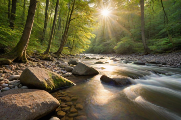 Create an image of a serene, sunlit forest scene with a clear, gently flowing river. Tall trees with lush green foliage line both sides of the river, their leaves bathed in the warm golden light of the setting or rising sun. The sunlight filters through the trees, casting soft, dappled light on the river, which flows over smooth rocks and pebbles, creating a peaceful, natural atmosphere. The sky is bright with a few scattered clouds, and the overall mood is tranquil, evoking a deep sense of connection with nature. The image captures the beauty of a calm, pristine forest landscape at either dawn or dusk.