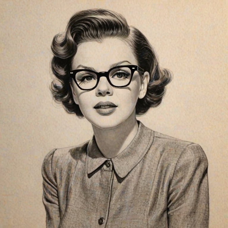 Dazzling Judy Garland, pencil sketch, portrait of Resplendent woman 1968s in glasses, hair style beatnik, outline, clear lines, fine lines, 8k