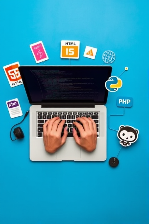 Create an image of a laptop with hands typing, surrounded by icons representing HTML, CSS, JavaScript, Python, PHP, JSON, and GitHub, on a blue background with code snippets faintly visible, captured with a Canon EOS R5, 24mm lens, f/2.8 aperture, ISO 100, with a wide-angle view and vibrant colors.