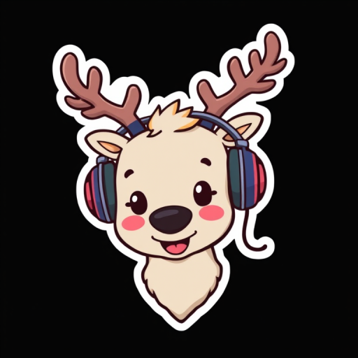 design sticker, Happy Colorful Caribou wearing Headphones, kawaii, contour, vector, black background