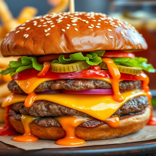 High-resolution, close-up image of a gourmet double cheeseburger. The burger features a glossy, sesame-seed-topped brioche bun. Inside, there are two thick, juicy beef patties, each topped with melted cheddar cheese. The burger is garnished with fresh lettuce, tomato slices, diced onions, and pickles. A generous amount of ketchup and a creamy, orange-colored sauce is dripping down the sides, adding to the mouth-watering appeal. In the background, there are blurred elements including a side of golden French fries and a hint of a beverage, enhancing the overall presentation of a delicious meal.