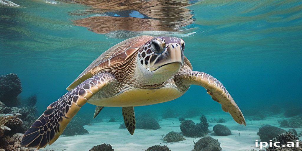 Graceful Sea Turtle Swimming Through Crystal Clear Ocean Waters Below