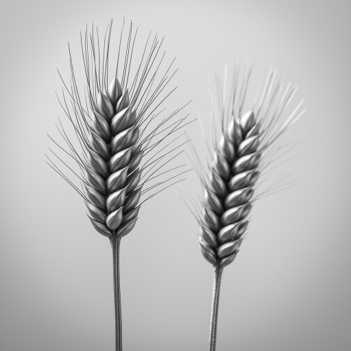 Create a high-resolution image of two stylized wheat stalks rendered in silver against a soft gray background, captured with a Canon EOS R5, 50mm f/1.2 lens, at f/2.8, ISO 100, using a macro photography style to enhance detail and texture.