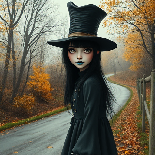 digital art fantasy depicting a strange girl with black hair, long eyelashes, cyan lipstick and a tall hat walking along a winding road on an autumn afternoon, an Woodpecker smiles as she passes