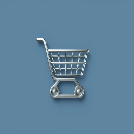 Create a high-resolution image of a metallic shopping cart icon with a sleek design, using a 50mm lens, f/1.8 aperture, shooting from a 45-degree angle, on a DSLR camera to enhance image quality and detail.