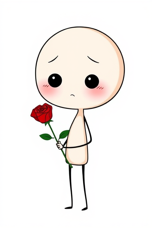 A simple cartoon character with an oversized round head and thin limbs holding a red rose with a shy expression on its face against a plain white background.
