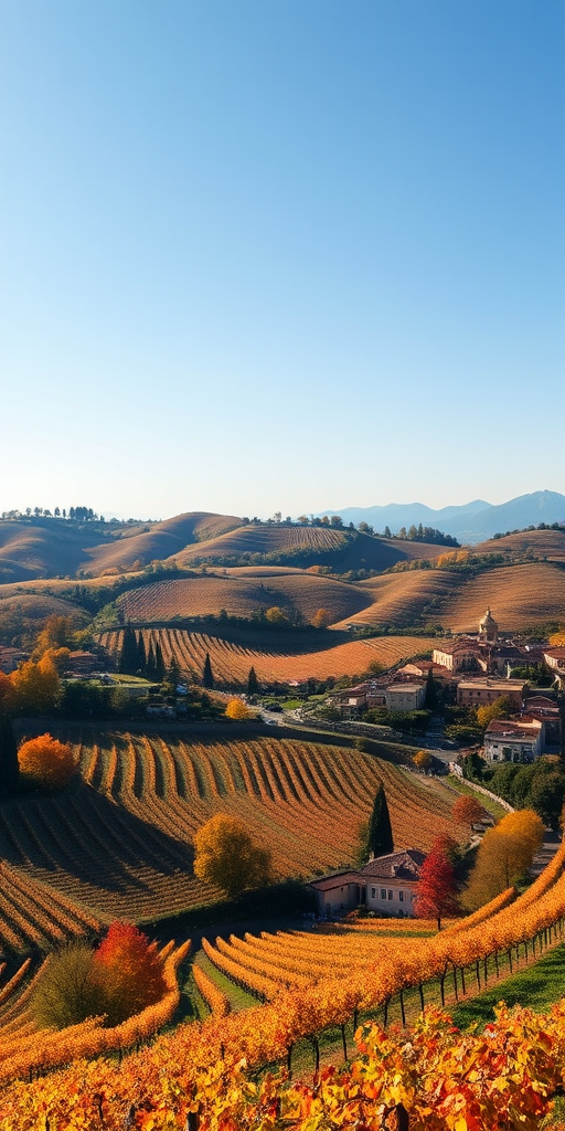 High-resolution landscape of terraced vineyards in a picturesque village, captured with a Canon EOS 5D Mark IV, 24mm lens, aperture f/8, ISO 100, focused on vibrant autumn colors under clear blue sky, shot from an elevated viewpoint to emphasize rolling hills and architecture.