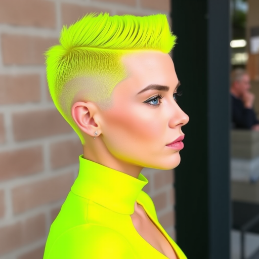 Electric neon yellow buzz cut called "Lightning Strike," showcases a precisely trimmed, ultra-short style with sharp, clean lines and a vibrant, eye-catching hue that demands attention and exudes confidence