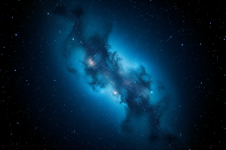 high-resolution astrophotography of a deep space nebula, ISO 3200, f/2.8, 30 seconds exposure time, wide-angle lens, taken with a full-frame DSLR camera, focus on star clusters and cosmic dust, rich blue hues and bright stars in a dark, expansive universe background