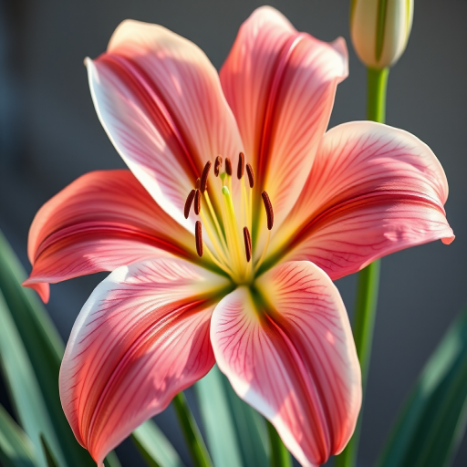 Create a high-resolution botanical illustration of a flowering lily plant with detailed petals and leaves, using a macro lens, aperture f/2.8, ISO 100, 50mm focal length, soft natural lighting, and a slightly blurred background for depth.