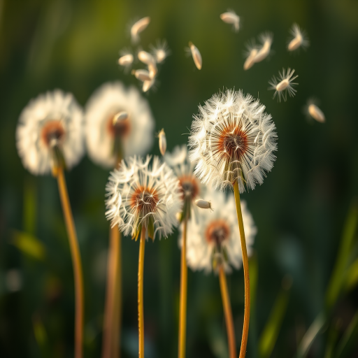 illustration of dandelions with seeds blowing away, high resolution, soft focus, shallow depth of field, 50mm lens, f/2.8 aperture, natural lighting, captured with a DSLR camera