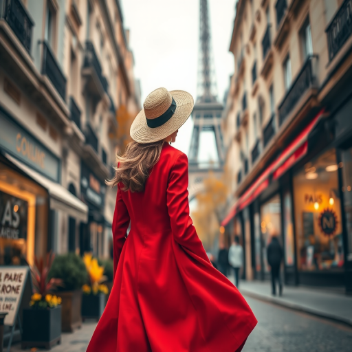 Generate an impressionistic image of a woman in a flowing red coat and wide-brimmed hat walking in a Parisian street with the Eiffel Tower in the background during autumn, using a Canon EOS R5 with a 50mm f/1.2 lens, aperture set to f/2.8, ISO 100, and a soft focus effect for a dreamy atmosphere.