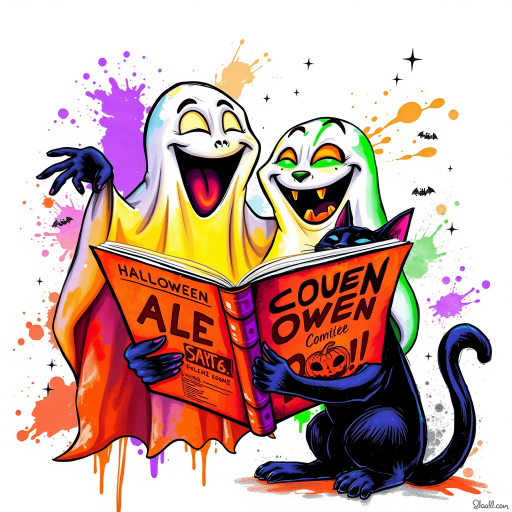 Image of a ghost and a black cat laughing exaggeratedly , and reading a comic halloween comic book, alcohol ink airbrush style, funny halloween theme, white background with neon purple, neon orange, neon green splash, black sparkles stars , dazzling BG