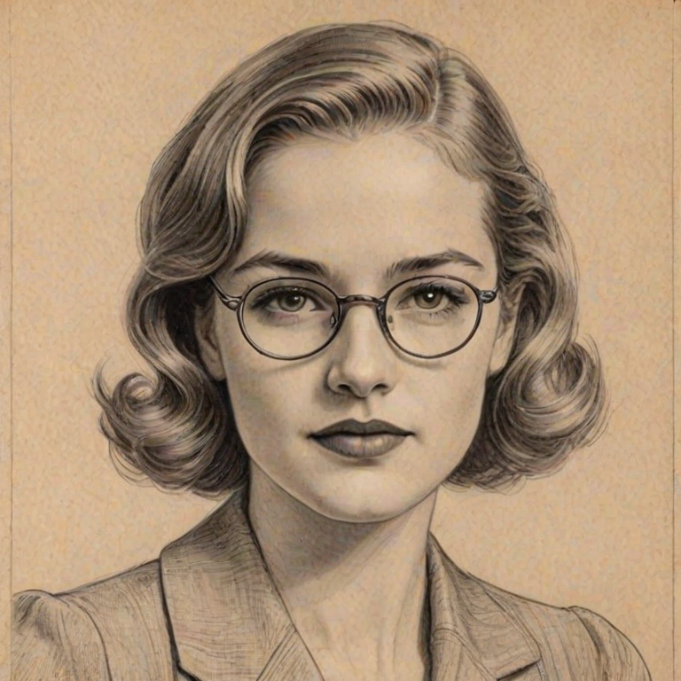 Pleasing Willa Fitzgerald, pencil sketch, portrait of Captivating woman 1930s in glasses, hair style beatnik, outline, clear lines, fine lines, 8k