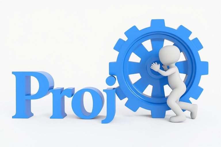 Create a 3D render of a small white figure pushing a large blue gear next to the word "Project" in an elegant, modern font, using a Canon EOS R5 camera, 50mm lens, aperture f/2.8, ISO 100, and a shallow depth of field for a professional look.