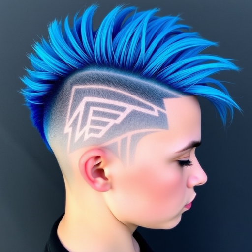 Electric blue hair styled in a mohawk with shaved sides and intricate geometric patterns buzzed into the scalp showcases the edgy "Neon Warrior" look, featuring vibrant cyan and cobalt highlights that create a striking contrast against the darker base color, resulting in a bold and rebellious style