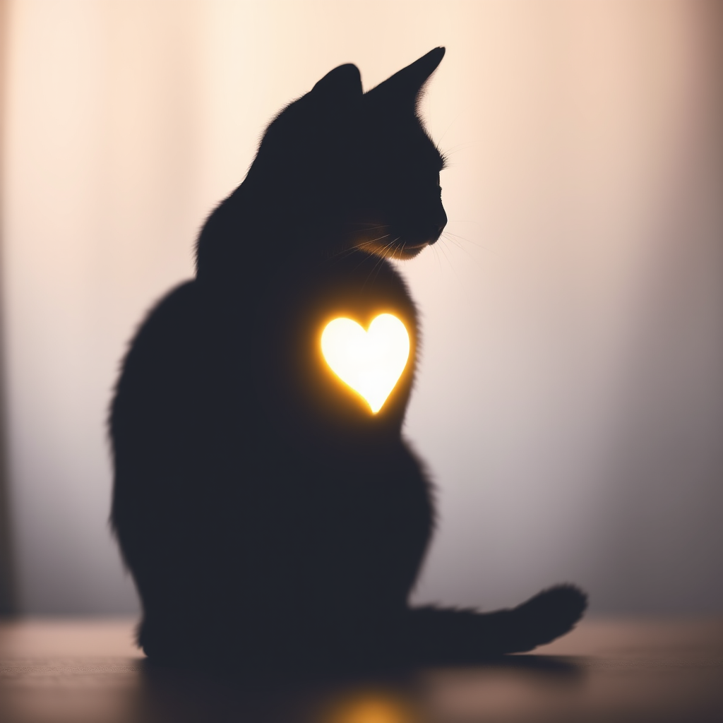 A silhouette of a cat sitting with a glowing heart on its chest, soft pastel colors, high-quality digital art, captured with a DSLR camera at f/2.8 aperture, ISO 100, 50mm lens, natural light, shallow depth of field.