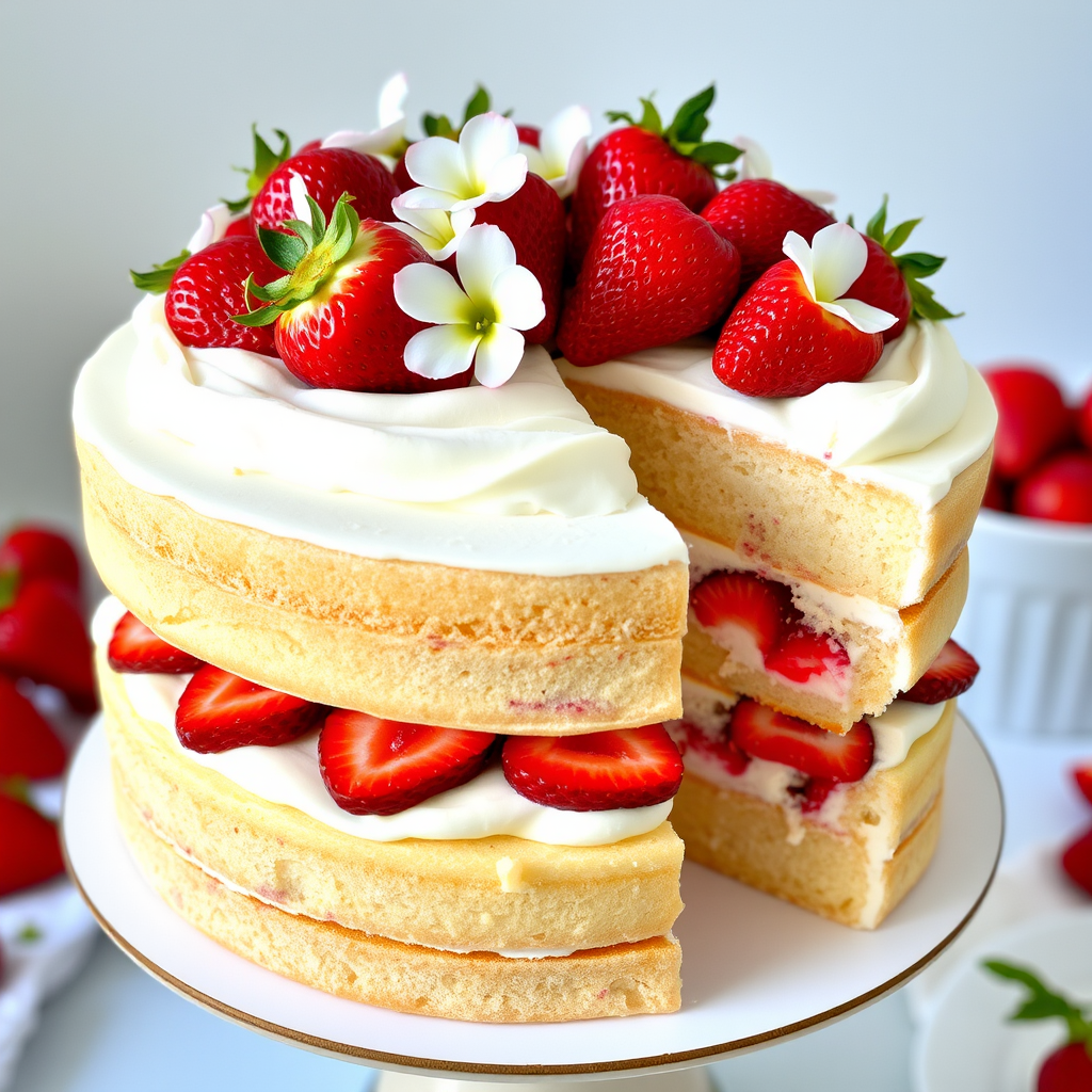 A beautifully layered cake with three tiers showcasing soft sponge layers filled with fresh strawberries and cream, topped with a generous amount of strawberries and delicate white flowers, with a slice cut out revealing the delicious filling inside.