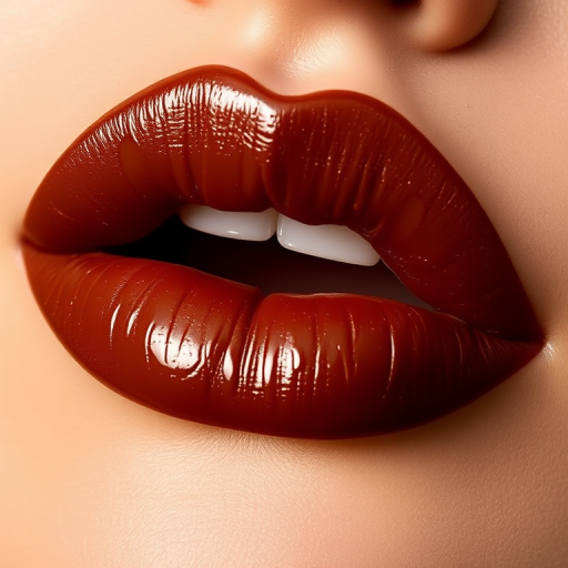 Rich chocolate brown lips with a glossy finish, "Mocha Decadence" showcases a deep, warm tone with a hint of golden shimmer for a luxurious look