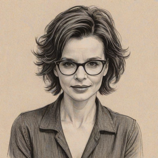 Fetching Juliette Binoche, pencil sketch, portrait of Alluring woman 1959s in glasses, hair style beatnik, outline, clear lines, fine lines, 8k