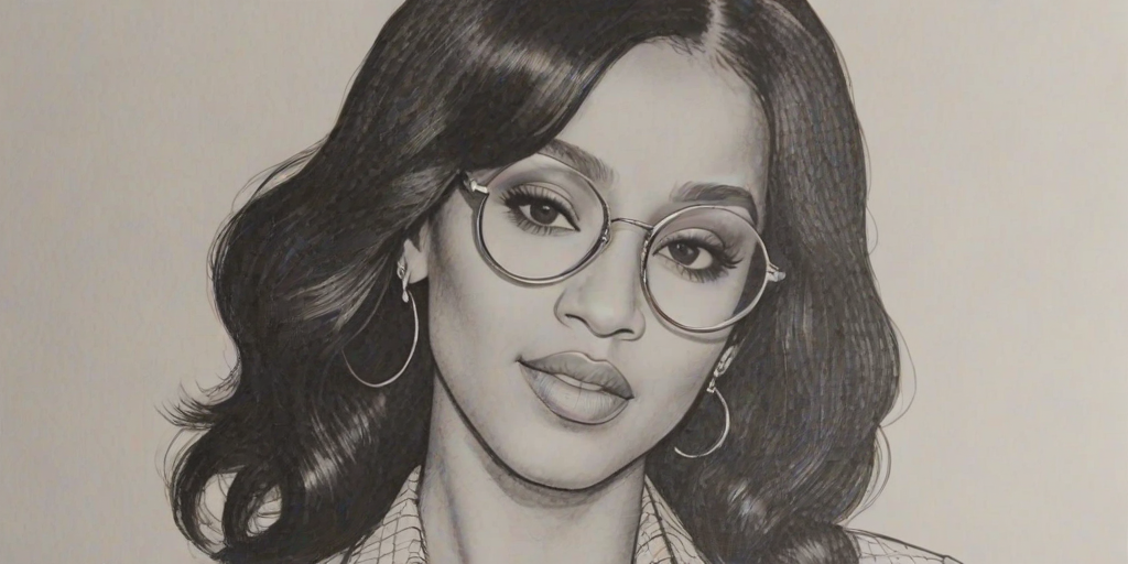 Beauteous Cardi B, pencil sketch, portrait of Appealing woman 1977s in glasses, hair style beatnik, outline, clear lines, fine lines, 8k