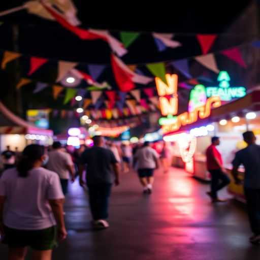 Blurry candid shot of a street carnival at night, colorful lights and flags fluttering in the breeze, with soft reflections of neon signs on the wet pavement and distant laughter barely audible in the background.