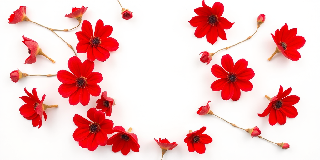 Create a vibrant red floral design on a white background with a soft focus effect, using a DSLR camera with an aperture of f/2.8, shutter speed of 1/200s, ISO 100, shot from a top-down angle with natural lighting for enhanced contrast and clarity.