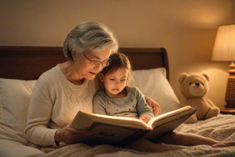 Warmly lit photo of a grandmother reading a bedtime story to her grandchild, soft golden light from a nearby lamp illuminating their faces, with a cozy blanket and stuffed animals scattered on the bed.