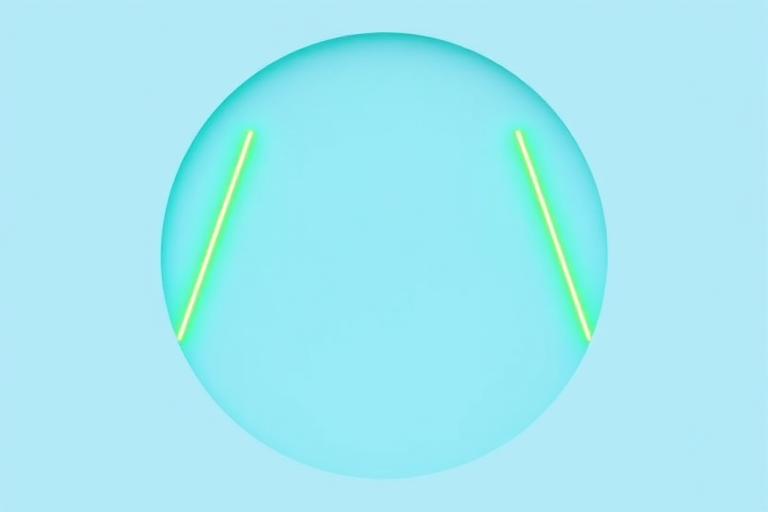 Generate a circular image with a light blue background featuring bright green angular brackets on either side of a vertical line, captured with a 50mm lens at f/1.8, ISO 100, in a soft-focus style using a DSLR camera.
