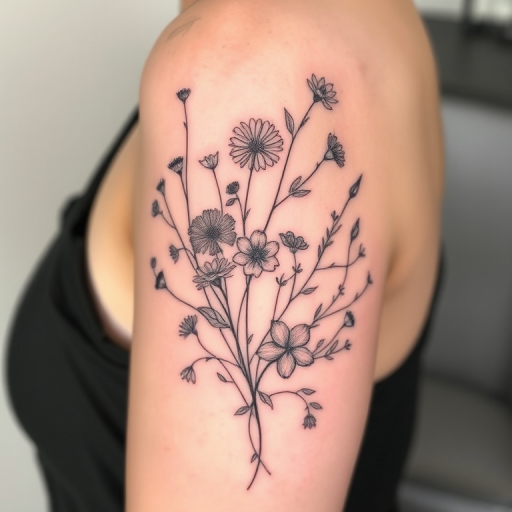Delicate fine line botanical tattoo called "Whispers of Spring" featuring exquisitely detailed renderings of various wildflowers and herbs intertwining in a loose organic composition hairline-thin strokes capture the delicate nature of each petal and leaf creating a soft ethereal quality that appears almost translucent on the skin