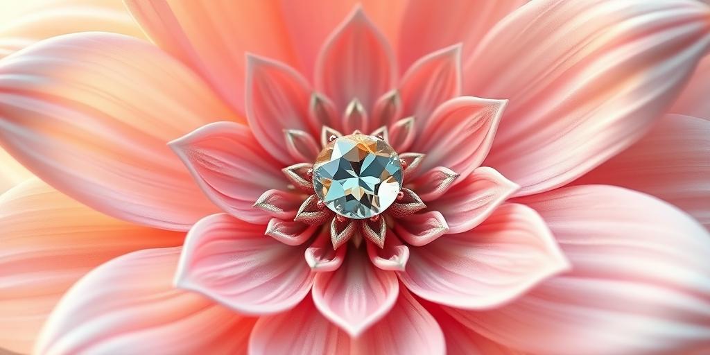 Create a hyper-realistic 3D rendering of an exquisite flower with intricate petal designs, soft lighting and a focus on the central gem, using a DSLR camera at f/1.8, ISO 100, and 85mm lens, with a shallow depth of field and bokeh effect.